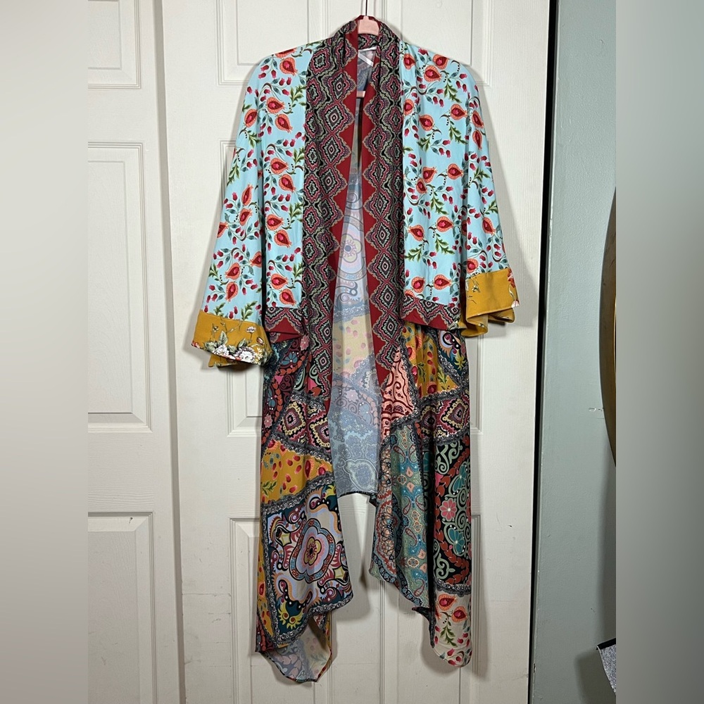 Umgee Floral Patchwork Open-Front Kimono Jacket in Light Blue & Yellow, one size